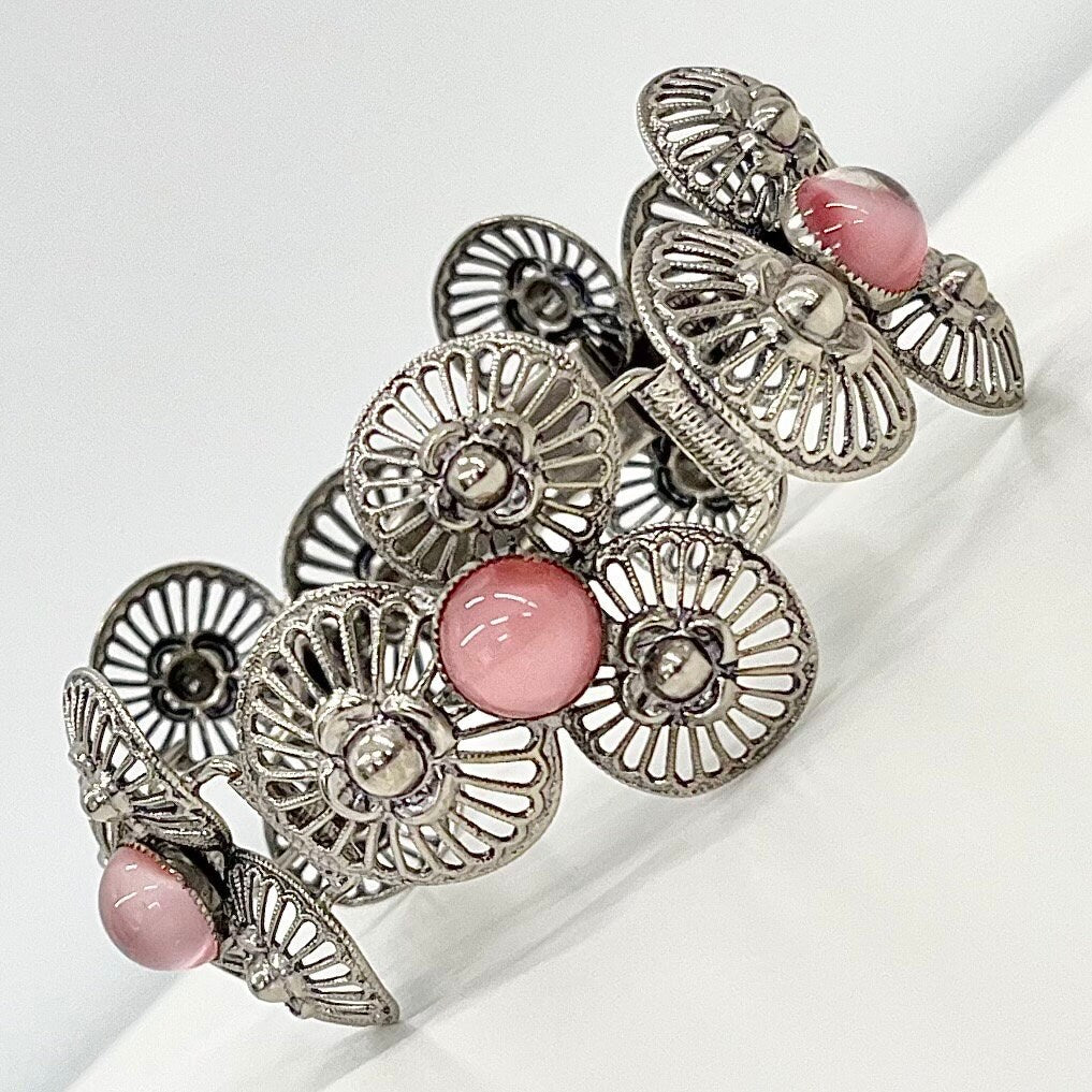 Vintage Silver Tone 1970’s 1980’s Wide Filigree Pink Moonstone Glass Cabochon Bracelet Costume Jewellery 7” TheGreenGlassGemShop