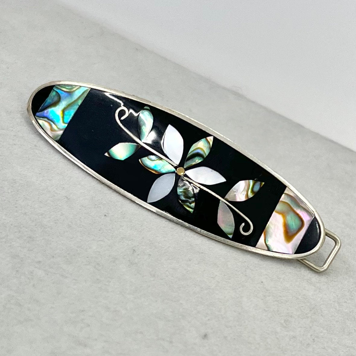 Vintage Mexican Silver Mother Of Pearl / Abalone Shell Inlaid Flower Hair Grip Clip TheGreenGlassGemShop