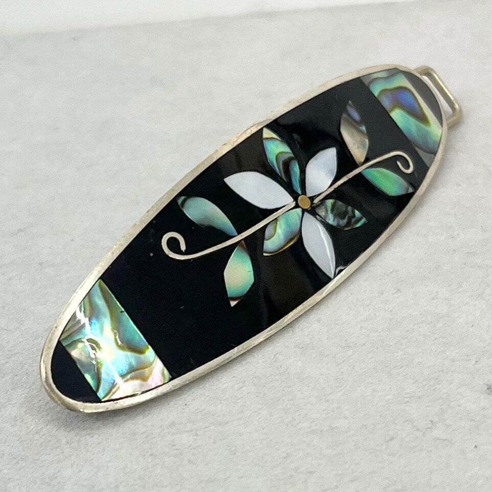 Vintage Mexican Silver Mother Of Pearl / Abalone Shell Inlaid Flower Hair Grip Clip TheGreenGlassGemShop