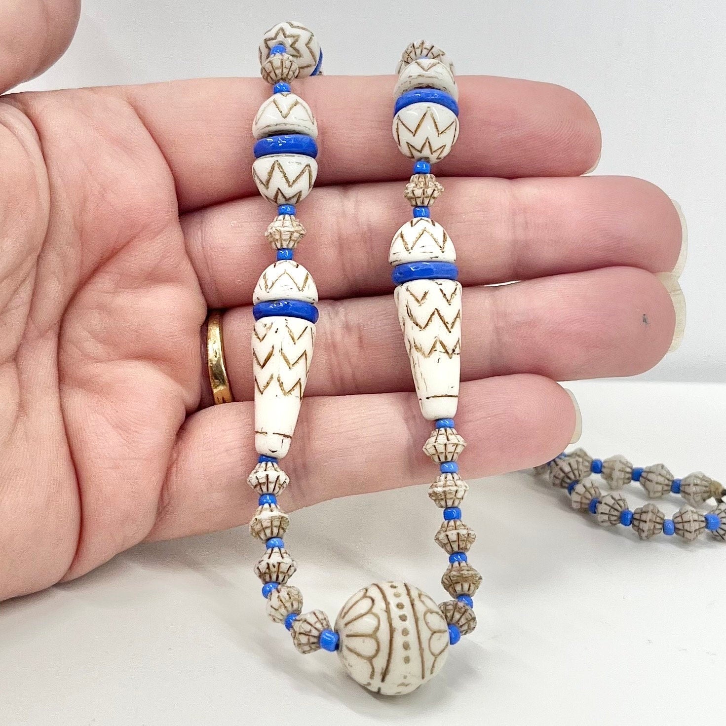 Vintage Max Neiger Uranium Glass Bead Necklace White & Blue Egyptian Revival Bright Green UV Reactive Glowing Jewellery 19” Long TheGreenGlassGemShop