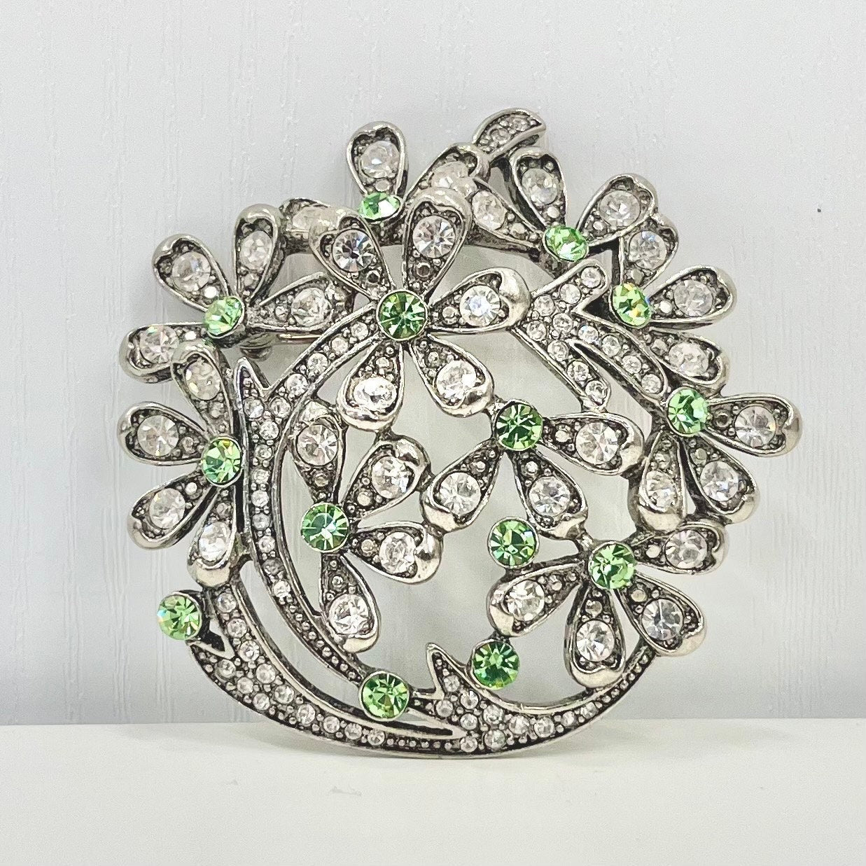 Vintage Monet 1980’s Multi Flower Brooch with Green Uranium Glass Crystals Silver Plated UV Reactive Glowing Jewellery TheGreenGlassGemShop