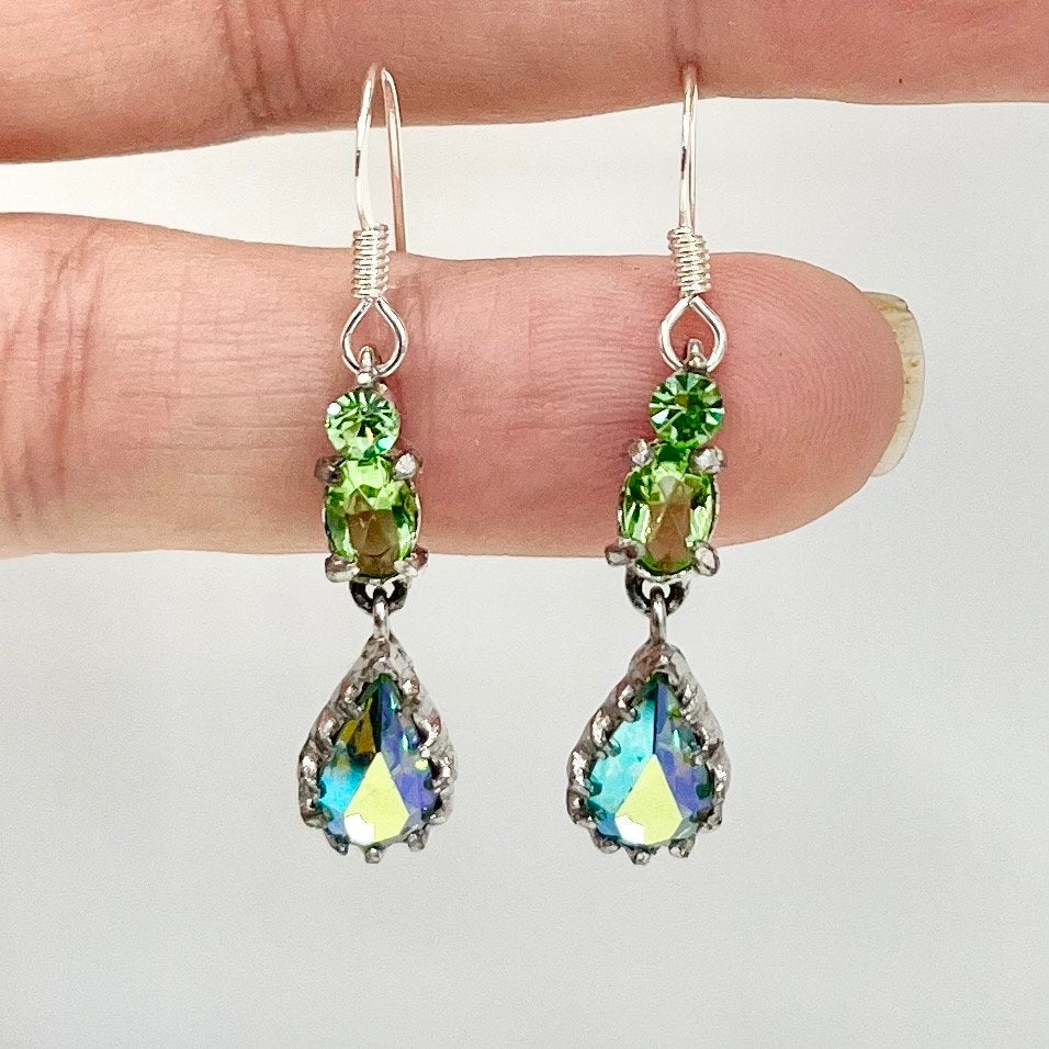 Vintage Dainty Tear Drop Green Uranium Crystal Earrings with Swarovski Crystal Elements Earrings UV Reactive Glow TheGreenGlassGemShop