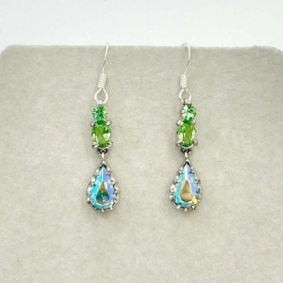 Vintage Dainty Tear Drop Green Uranium Crystal Earrings with Swarovski Crystal Elements Earrings UV Reactive Glow TheGreenGlassGemShop