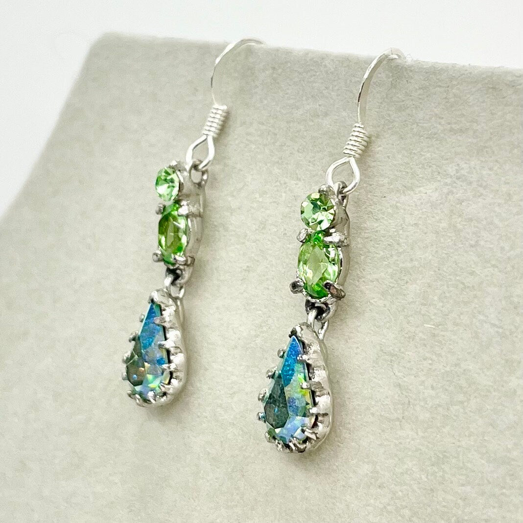 Vintage Dainty Tear Drop Green Uranium Crystal Earrings with Swarovski Crystal Elements Earrings UV Reactive Glow TheGreenGlassGemShop