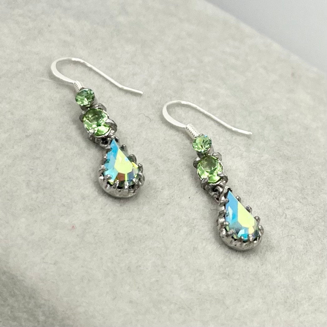 Vintage Dainty Tear Drop Green Uranium Crystal Earrings with Swarovski Crystal Elements Earrings UV Reactive Glow TheGreenGlassGemShop