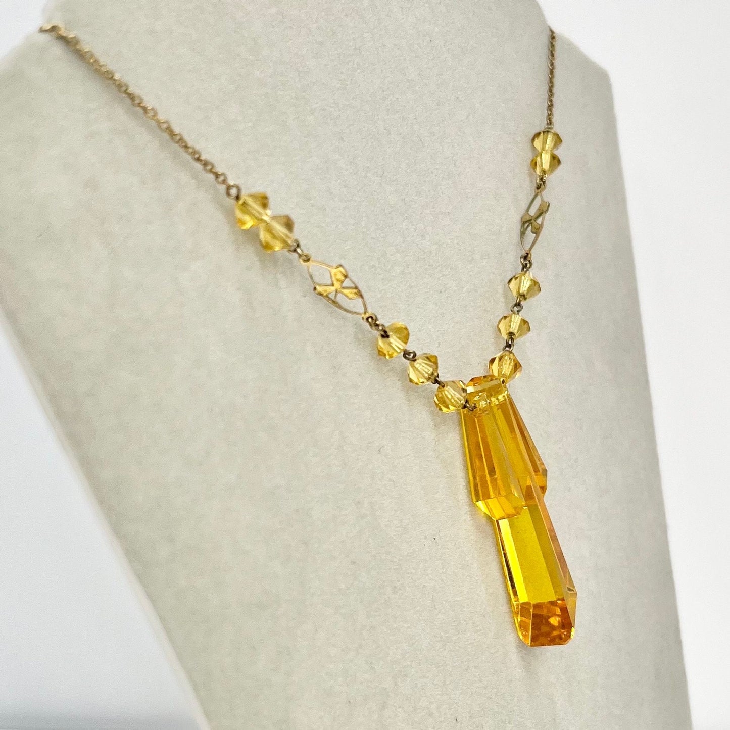 Art Deco Ward Brothers Golden Yellow Uranium / Manganese Glass Drop Gold Filled Necklace Signed WBS UV Reactive TheGreenGlassGemShop