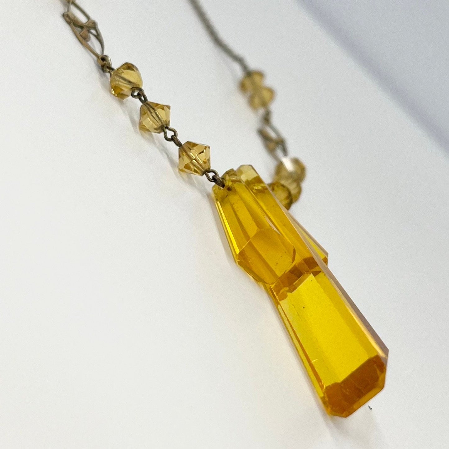 Art Deco Ward Brothers Golden Yellow Uranium / Manganese Glass Drop Gold Filled Necklace Signed WBS UV Reactive TheGreenGlassGemShop