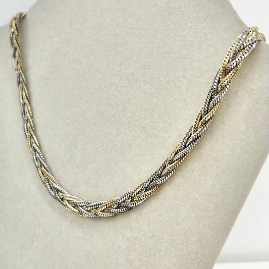 Vintage 16” Long Gold & Silver Plate Two Tone Woven Plait Flat Chain Necklace 1970’s - 1980’s Statement Power Chain TheGreenGlassGemShop