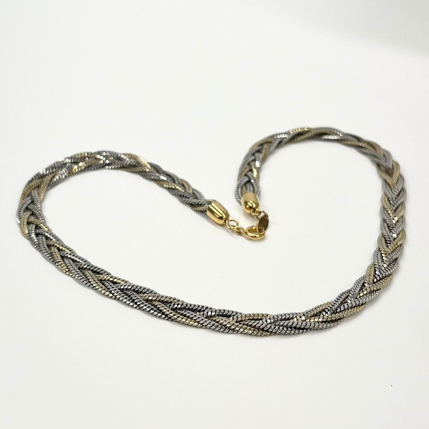 Vintage 16” Long Gold & Silver Plate Two Tone Woven Plait Flat Chain Necklace 1970’s - 1980’s Statement Power Chain TheGreenGlassGemShop