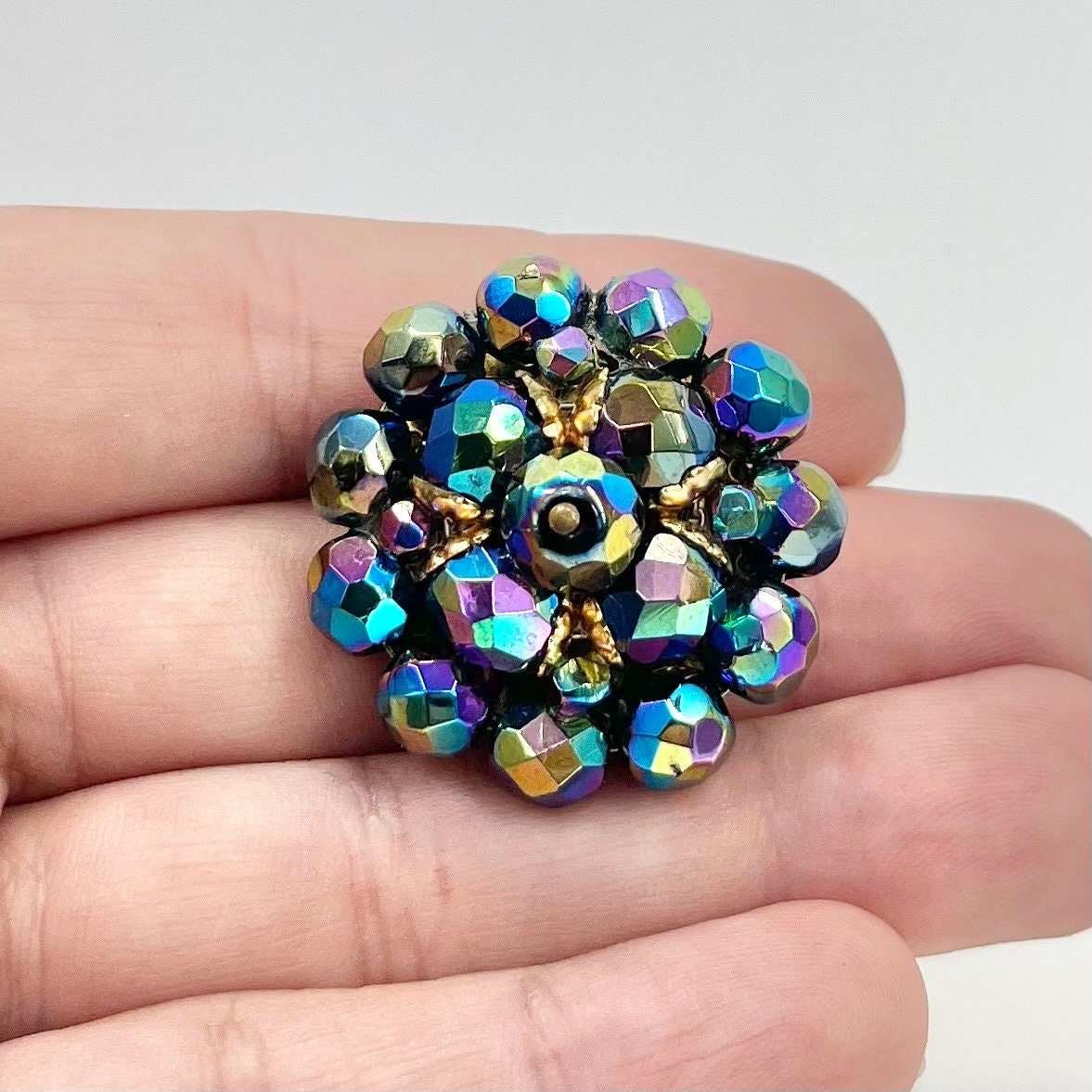 Vintage Round Gold Tone AB Purple Iris Czech Glass Faceted Bead Cluster Brooch Costume Jewellery Statement Piece TheGreenGlassGemShop