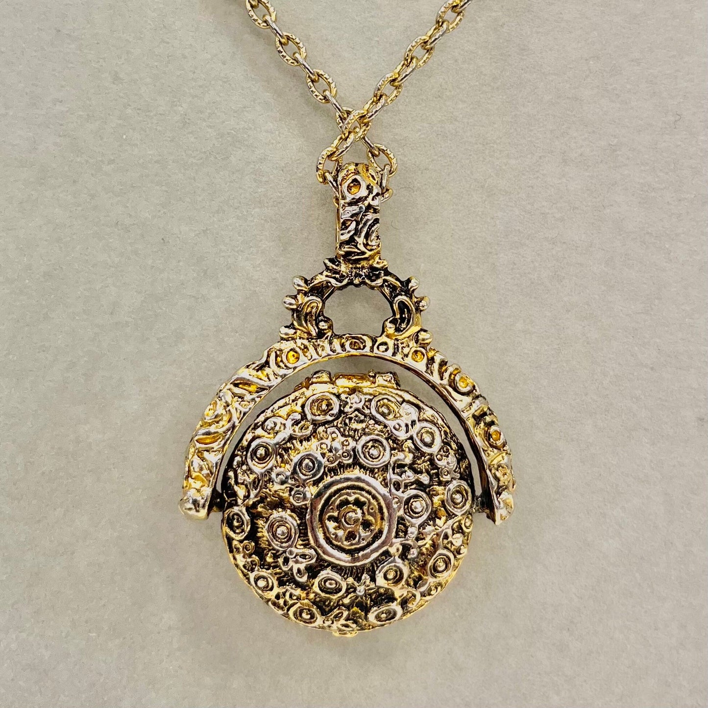 Vintage Victorian Style 1970‘s Gold Tone Round Spinning Locket Pendant Necklace with Amethyst & Turquoise Crystal Accents 24” Chain TheGreenGlassGemShop