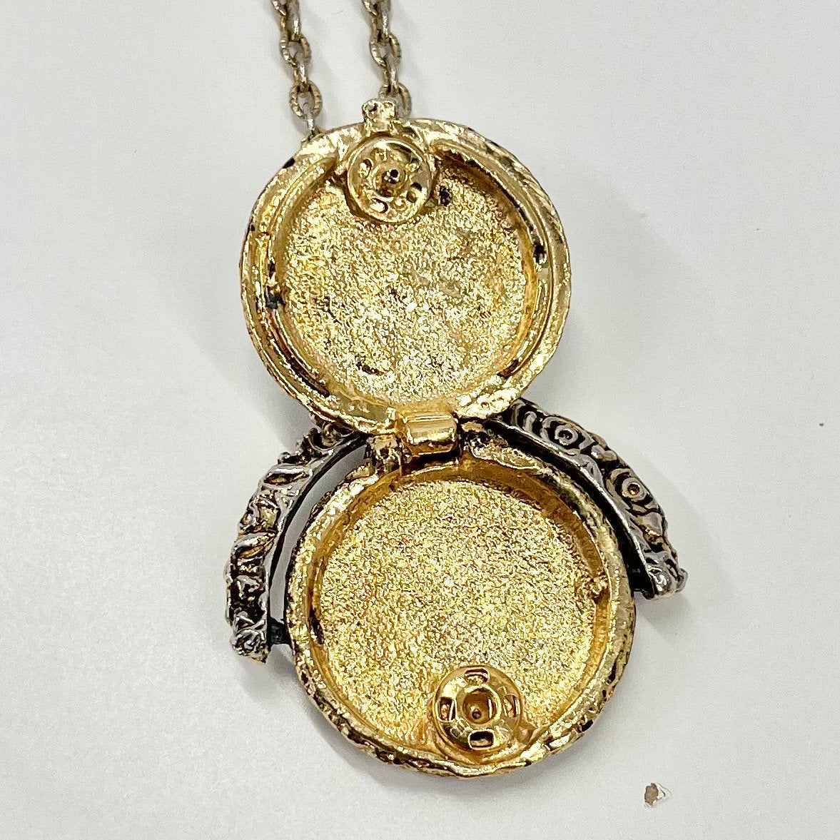 Vintage Victorian Style 1970‘s Gold Tone Round Spinning Locket Pendant Necklace with Amethyst & Turquoise Crystal Accents 24” Chain TheGreenGlassGemShop