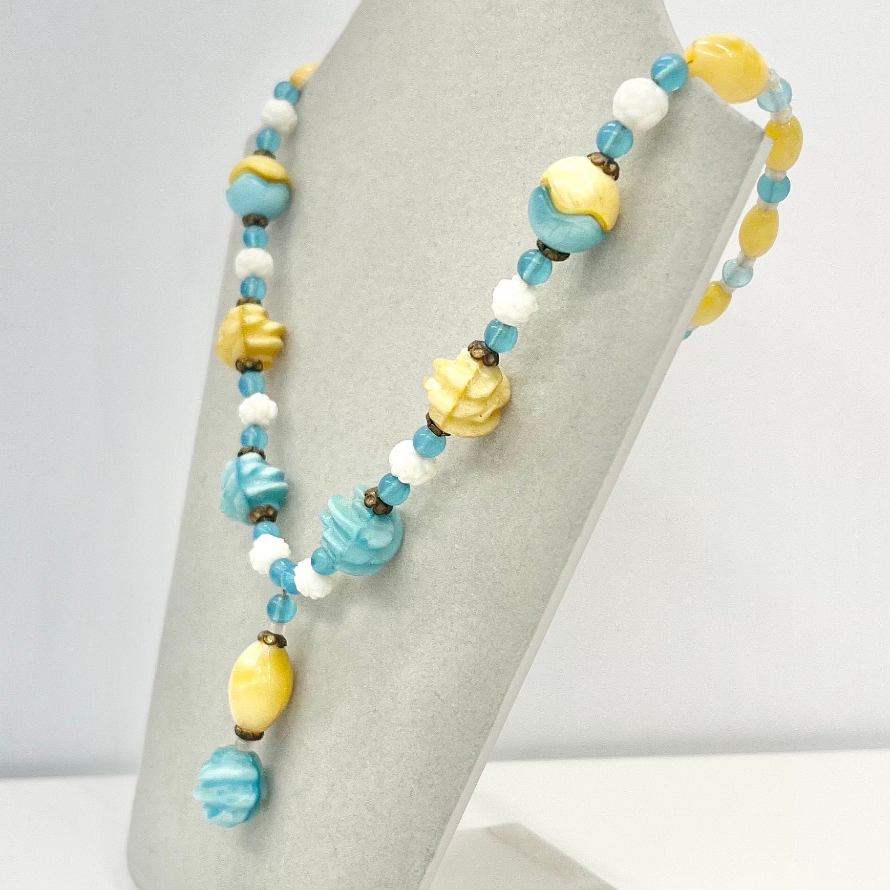 Vintage Art Deco Czech Yellow Uranium White & Blue Glass Bead Necklace Bright Green UV Reactive Glow Jewellery 1930’s TheGreenGlassGemShop