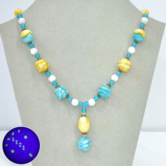 Vintage Art Deco Czech Yellow Uranium White & Blue Glass Bead Necklace Bright Green UV Reactive Glow Jewellery 1930’s TheGreenGlassGemShop