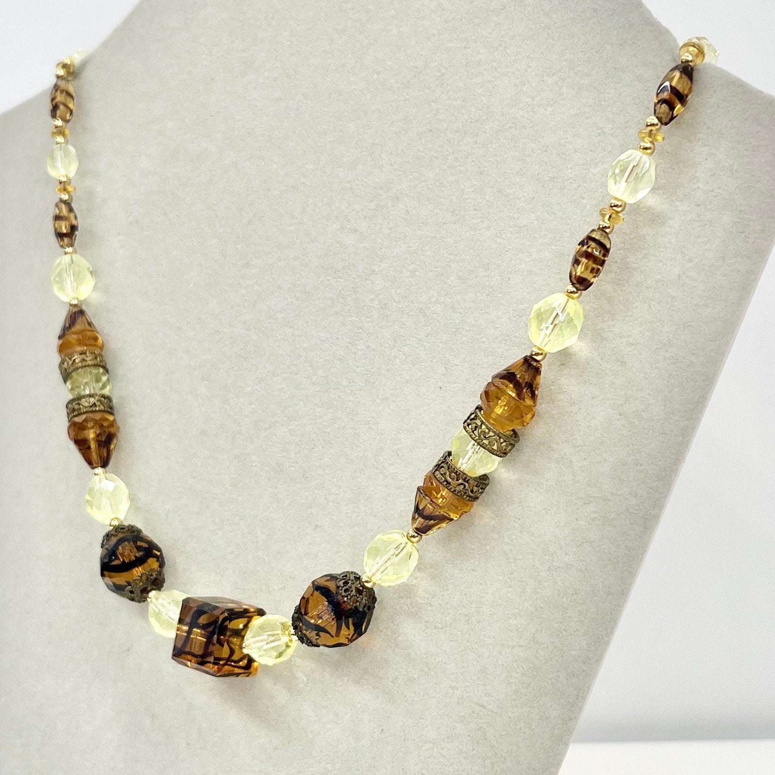 Vintage Art Deco Yellow Uranium & Topaz Tiger Stripe Glass Bead Necklace Bright Green UV Reactive Glow Jewellery 1930’s TheGreenGlassGemShop