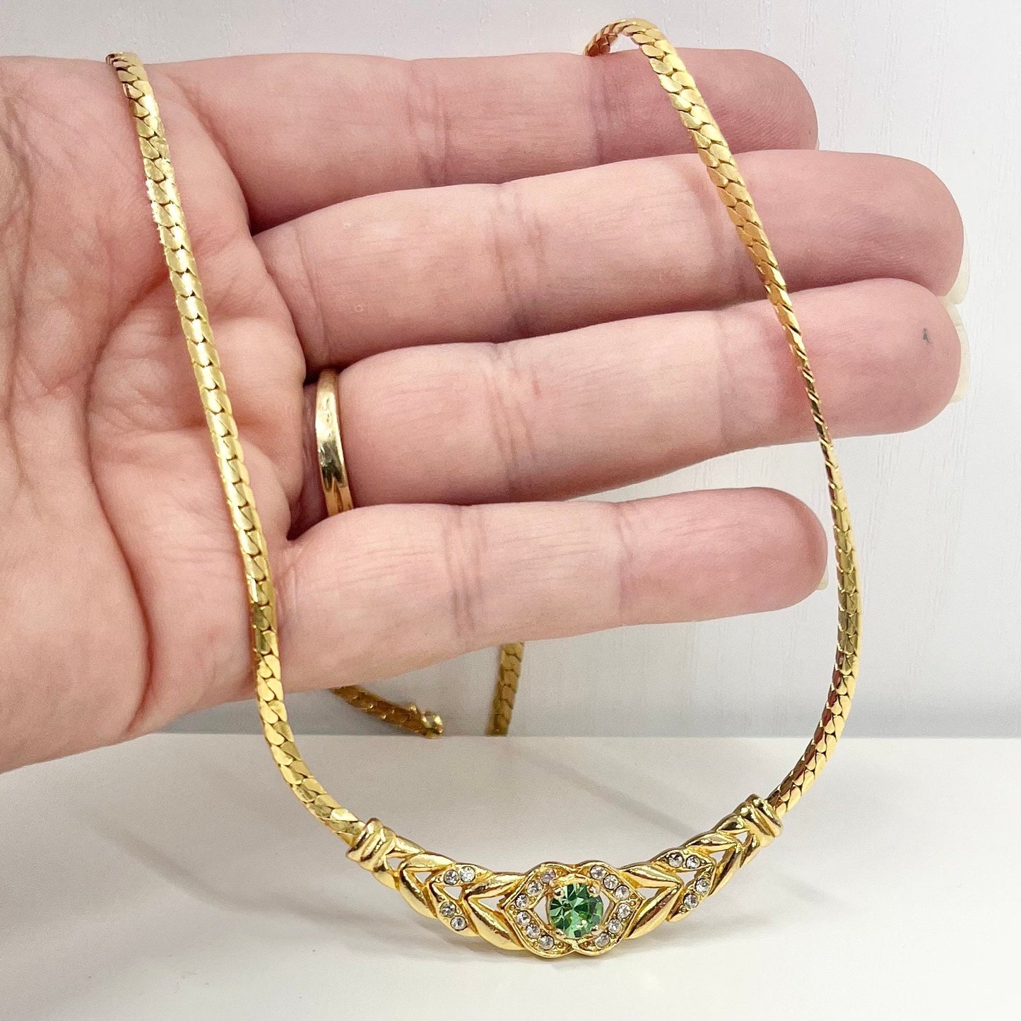 Vintage Gold Plated Flat Snake Chain Green Uranium Glass Crystal Necklace UV Reactive Glow Piece TheGreenGlassGemShop