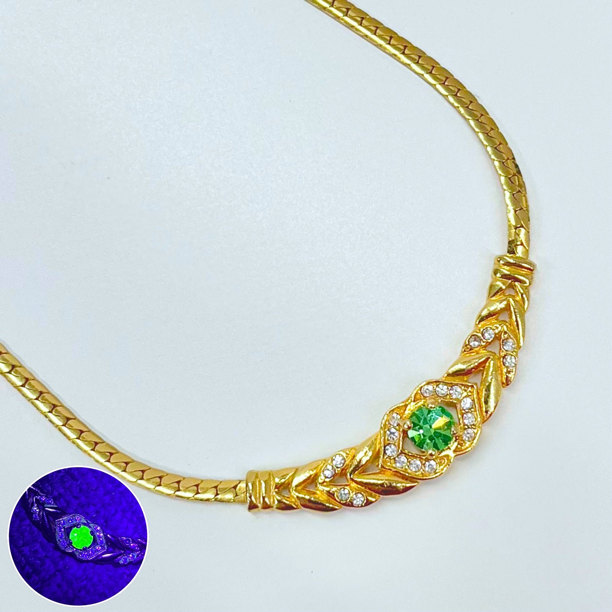 Vintage Gold Plated Flat Snake Chain Green Uranium Glass Crystal Necklace UV Reactive Glow Piece TheGreenGlassGemShop