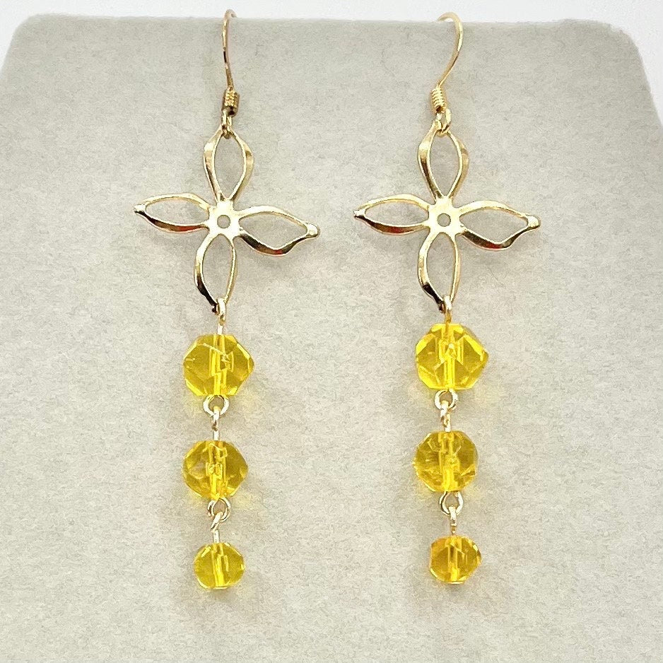 Handmade Yellow Cadmium Glass Bead Drop Trio Flower Earrings Gold Plate with UV Reactive Orange Glow TheGreenGlassGemShop