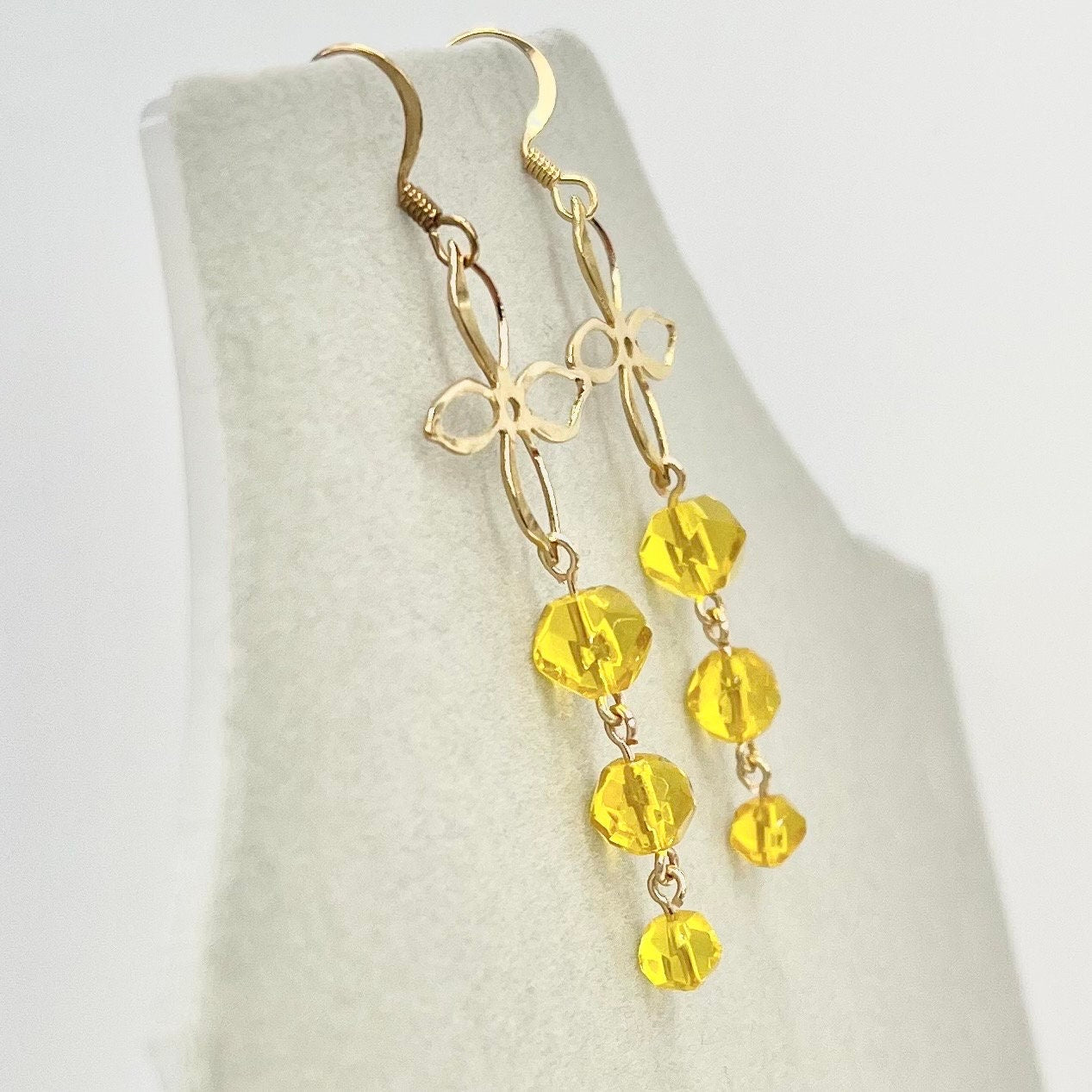 Handmade Yellow Cadmium Glass Bead Drop Trio Flower Earrings Gold Plate with UV Reactive Orange Glow TheGreenGlassGemShop