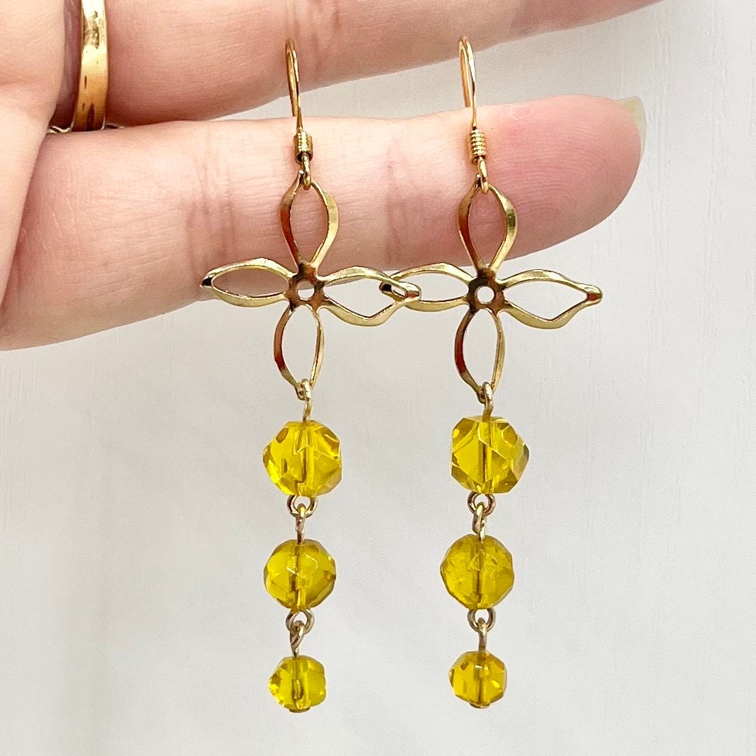 Handmade Yellow Cadmium Glass Bead Drop Trio Flower Earrings Gold Plate with UV Reactive Orange Glow TheGreenGlassGemShop