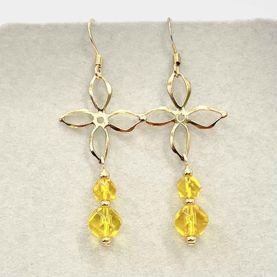 Handmade Yellow Cadmium Glass Bead Drop Duo Flower Earrings Gold Plate with UV Reactive Orange Glow TheGreenGlassGemShop