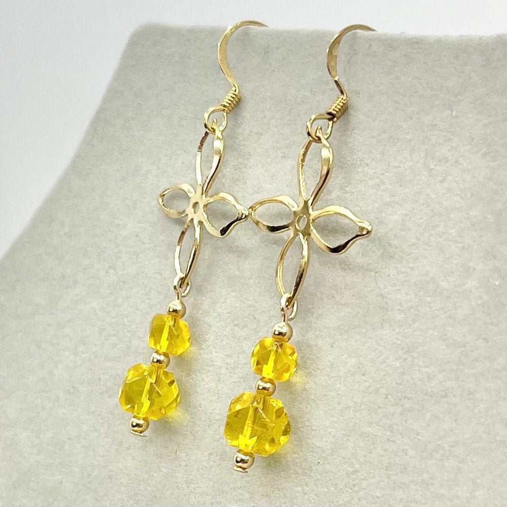 Handmade Yellow Cadmium Glass Bead Drop Duo Flower Earrings Gold Plate with UV Reactive Orange Glow TheGreenGlassGemShop