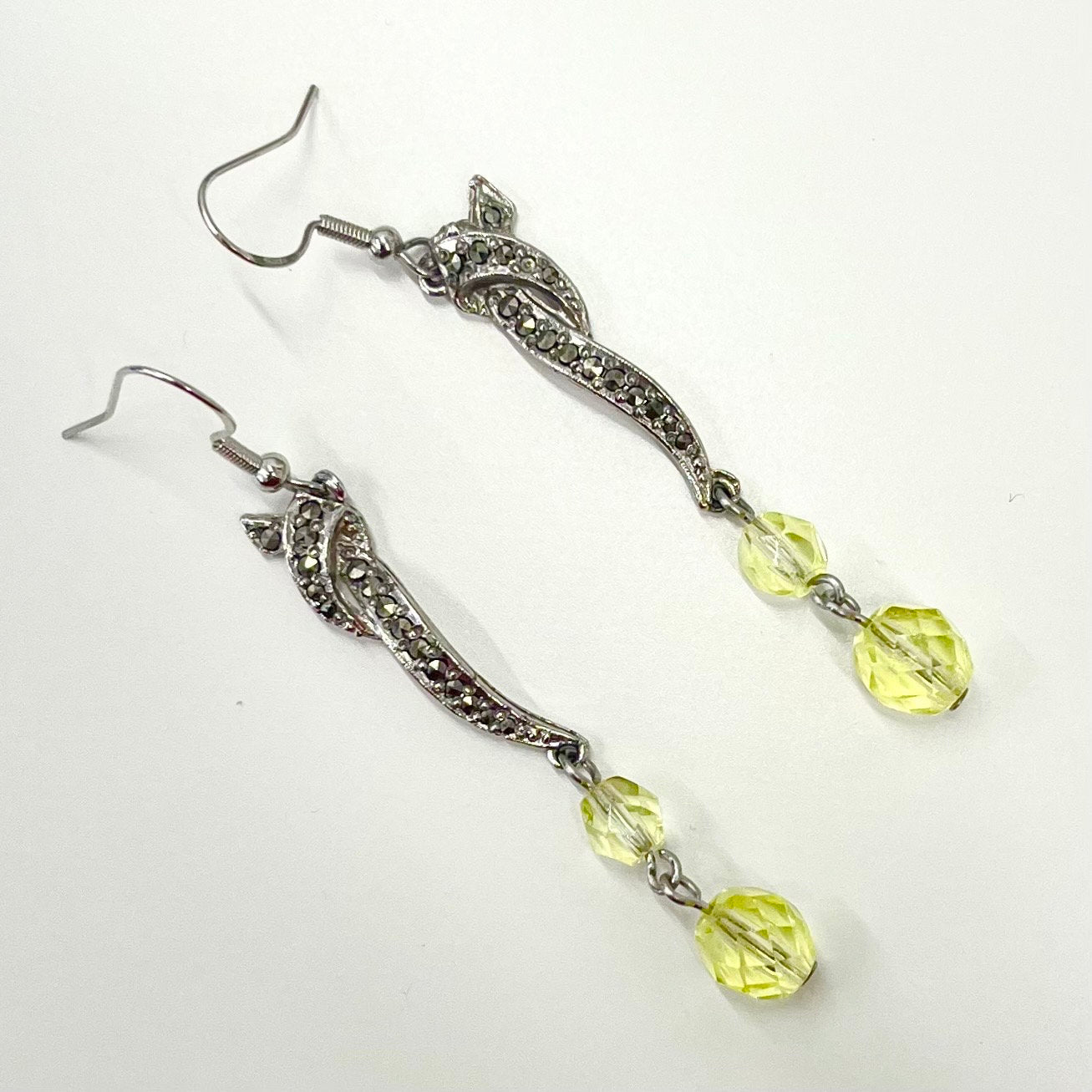 Handmade Unusual Yellow Uranium Glass Bead Drop Marcasite Earrings Silver Plate with UV Reactive Green Glow TheGreenGlassGemShop