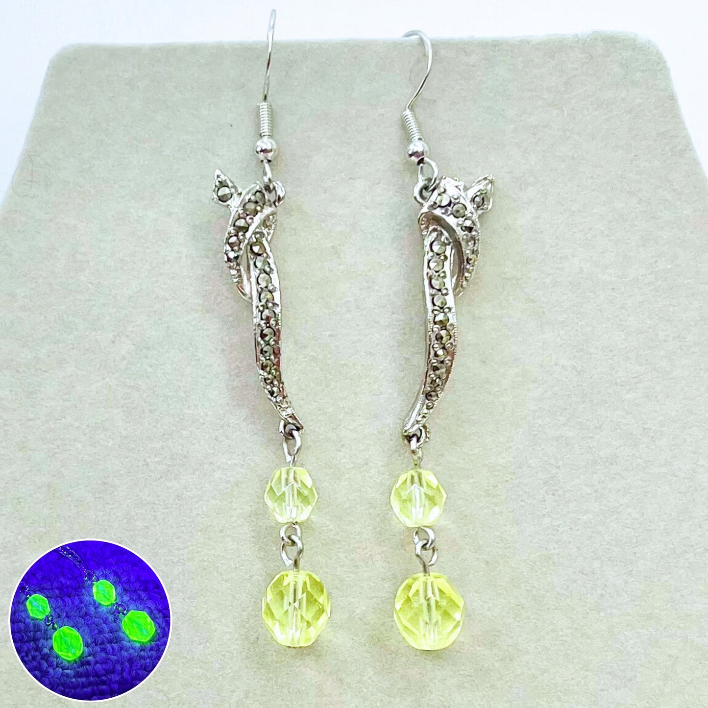 Handmade Unusual Yellow Uranium Glass Bead Drop Marcasite Earrings Silver Plate with UV Reactive Green Glow TheGreenGlassGemShop