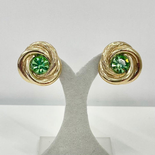 Vintage Green Uranium Crystal Gold Tone Knot Clip On Earrings UV Reactive Glowing Statement Jewellery TheGreenGlassGemShop