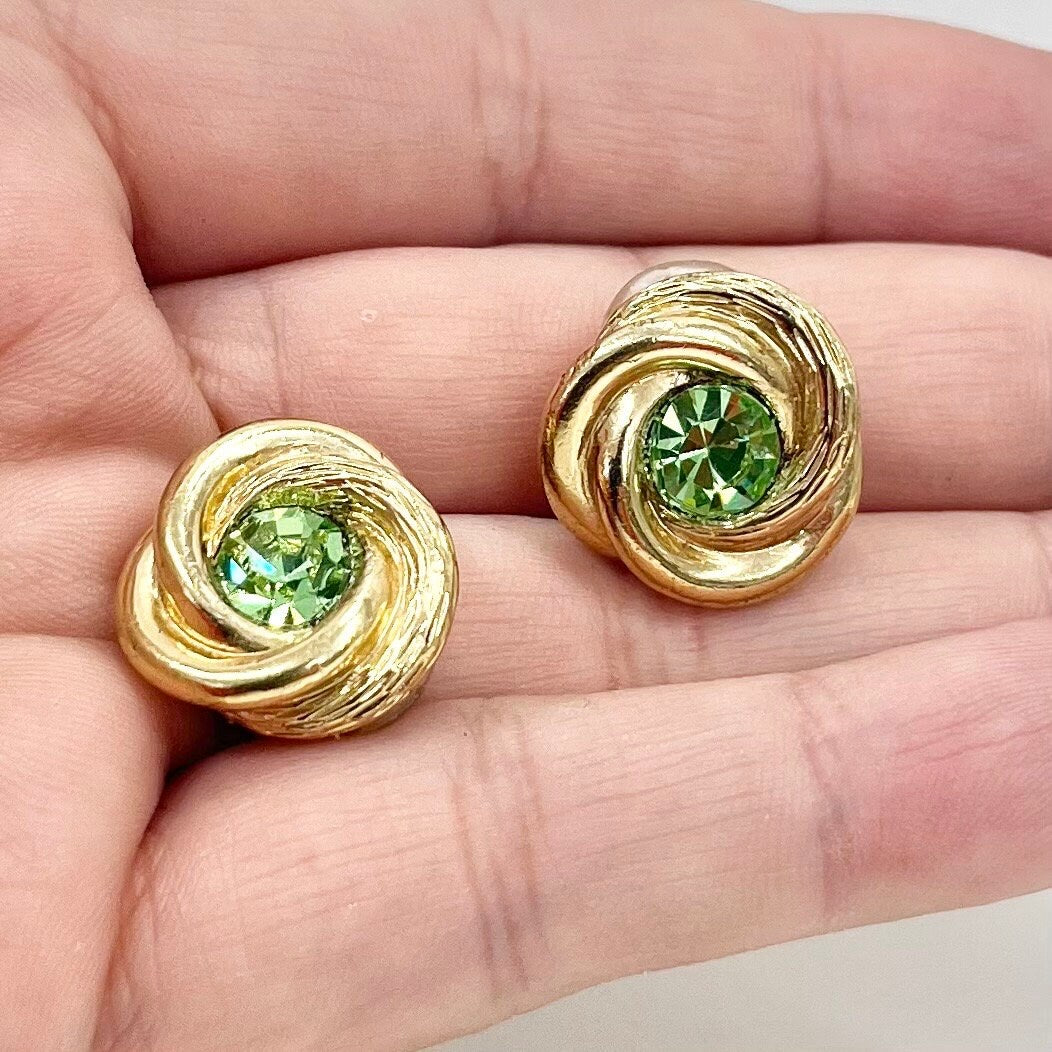 Vintage Green Uranium Crystal Gold Tone Knot Clip On Earrings UV Reactive Glowing Statement Jewellery TheGreenGlassGemShop