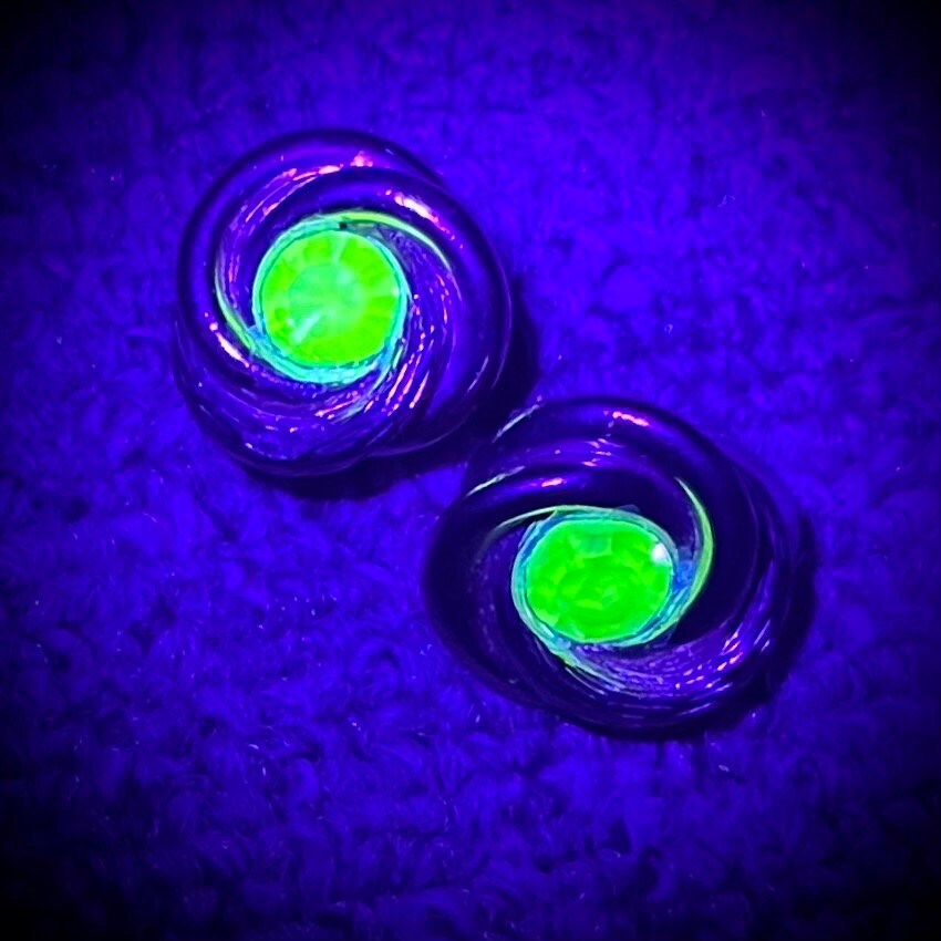 Vintage Green Uranium Crystal Gold Tone Knot Clip On Earrings UV Reactive Glowing Statement Jewellery TheGreenGlassGemShop