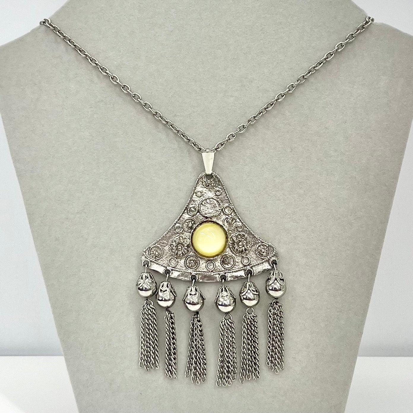 Vintage Ethnic Silver Tone Triangular Statement Pendant Necklace with a Yellow Uranium Glass Cabochon on a Long 24” Chain UV Reactive Glow TheGreenGlassGemShop