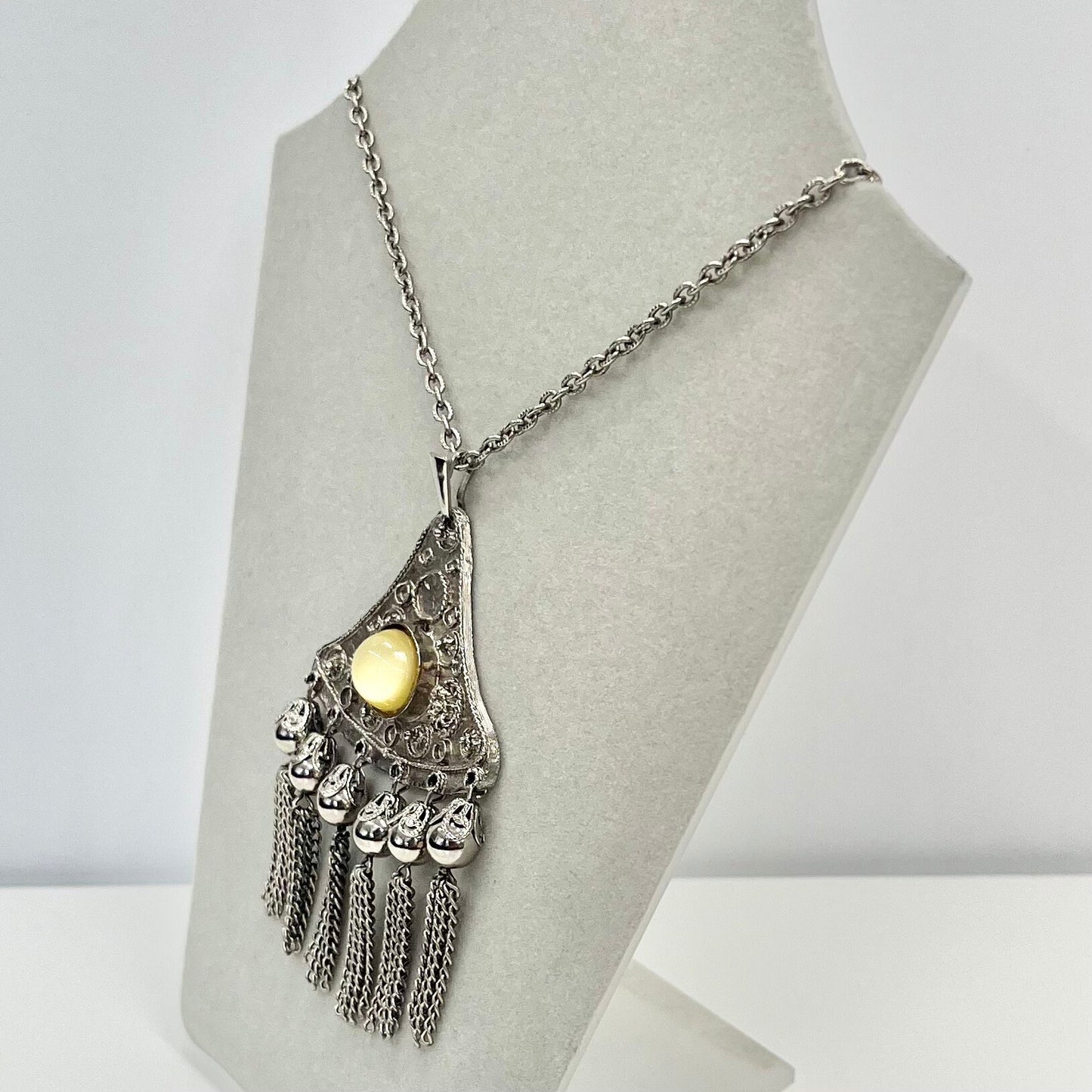 Vintage Ethnic Silver Tone Triangular Statement Pendant Necklace with a Yellow Uranium Glass Cabochon on a Long 24” Chain UV Reactive Glow TheGreenGlassGemShop