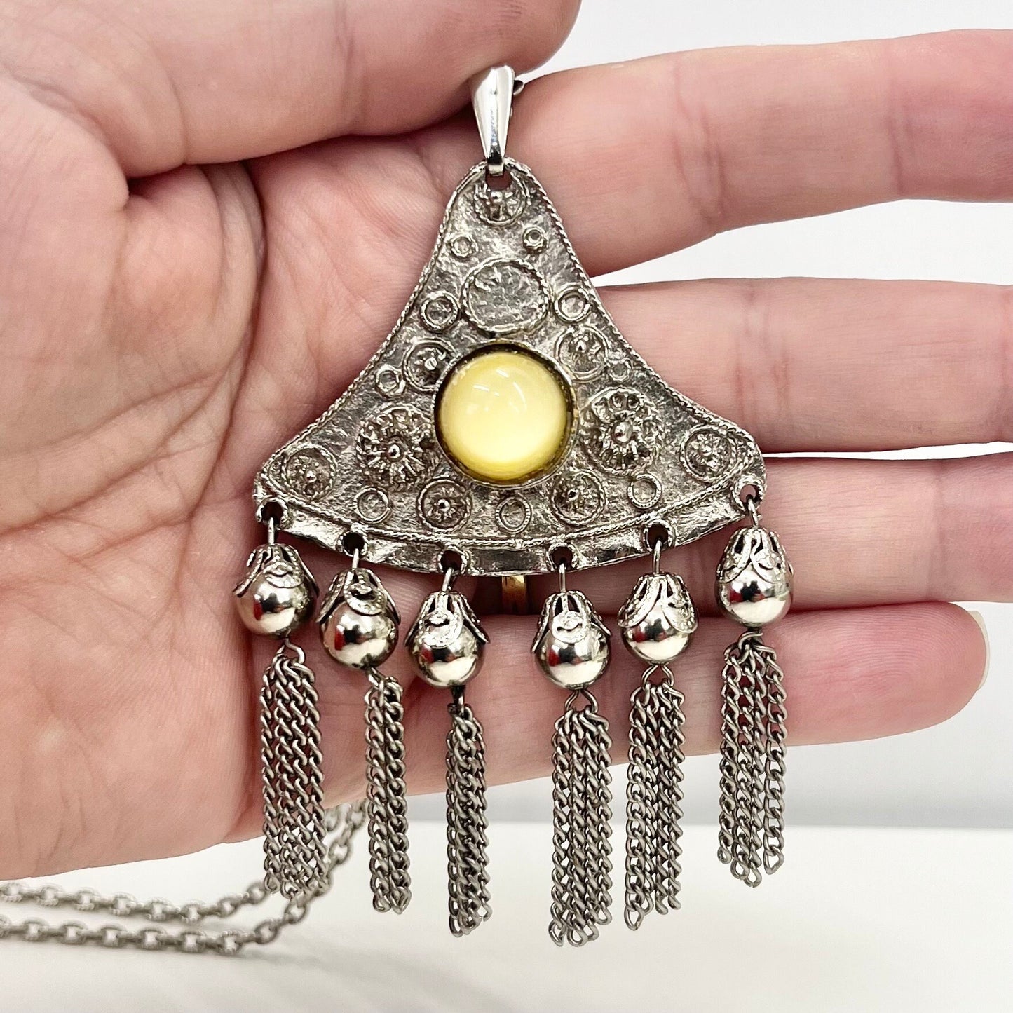 Vintage Ethnic Silver Tone Triangular Statement Pendant Necklace with a Yellow Uranium Glass Cabochon on a Long 24” Chain UV Reactive Glow TheGreenGlassGemShop