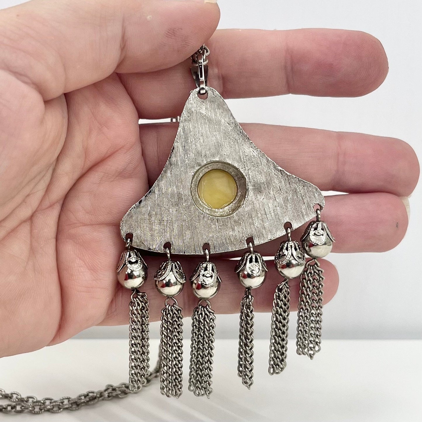 Vintage Ethnic Silver Tone Triangular Statement Pendant Necklace with a Yellow Uranium Glass Cabochon on a Long 24” Chain UV Reactive Glow TheGreenGlassGemShop