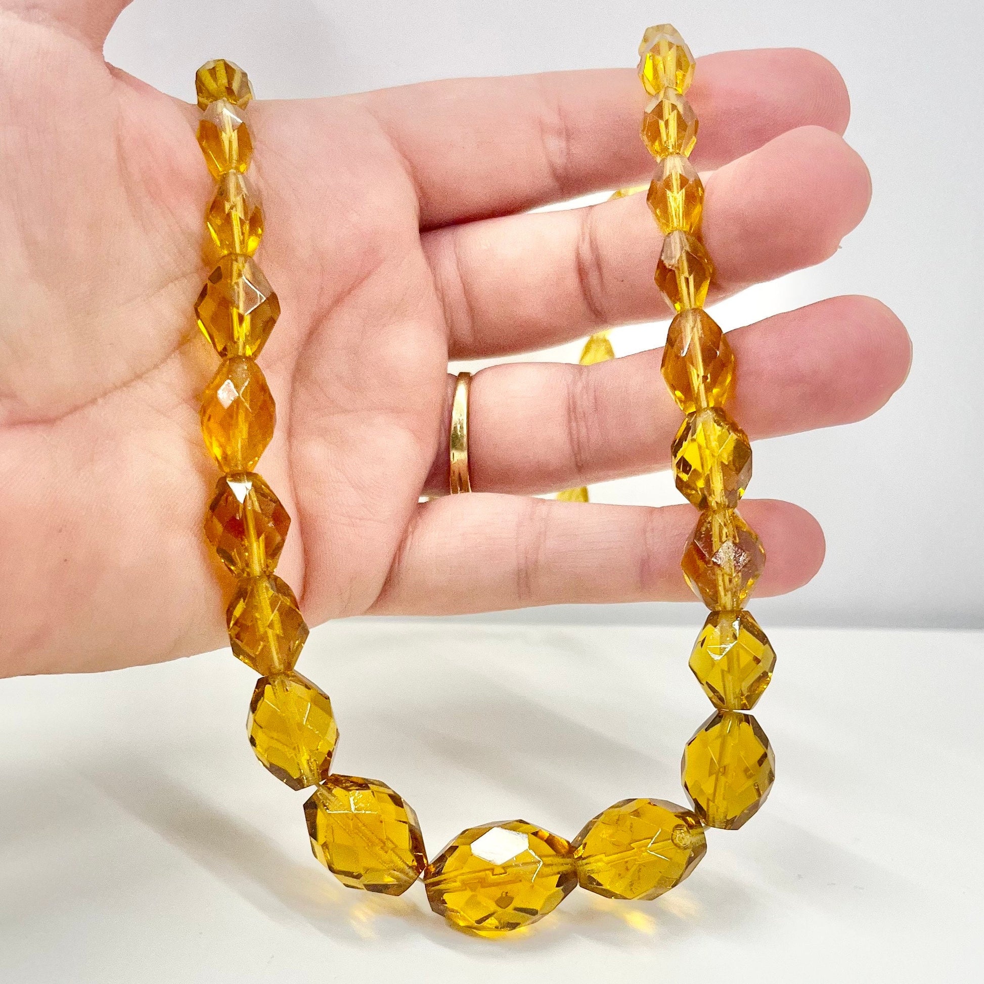 Vintage Amber Topaz Colour Faceted Glass Beaded Necklace Beautiful Oval Beads Vintage Jewellery 20” Long TheGreenGlassGemShop