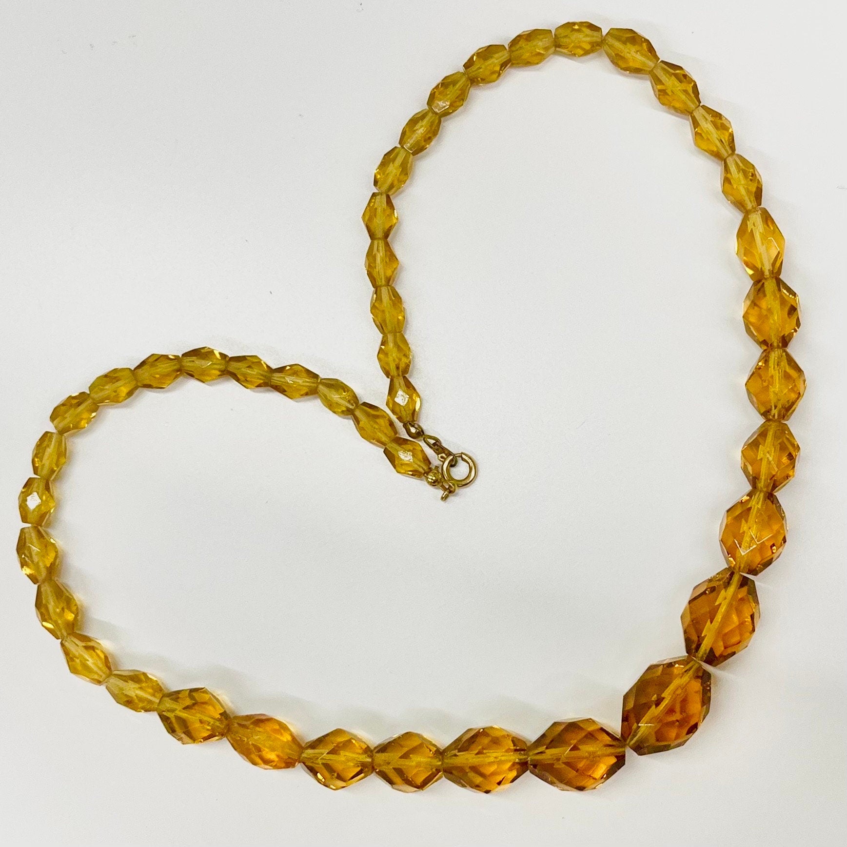 Vintage Amber Topaz Colour Faceted Glass Beaded Necklace Beautiful Oval Beads Vintage Jewellery 20” Long TheGreenGlassGemShop