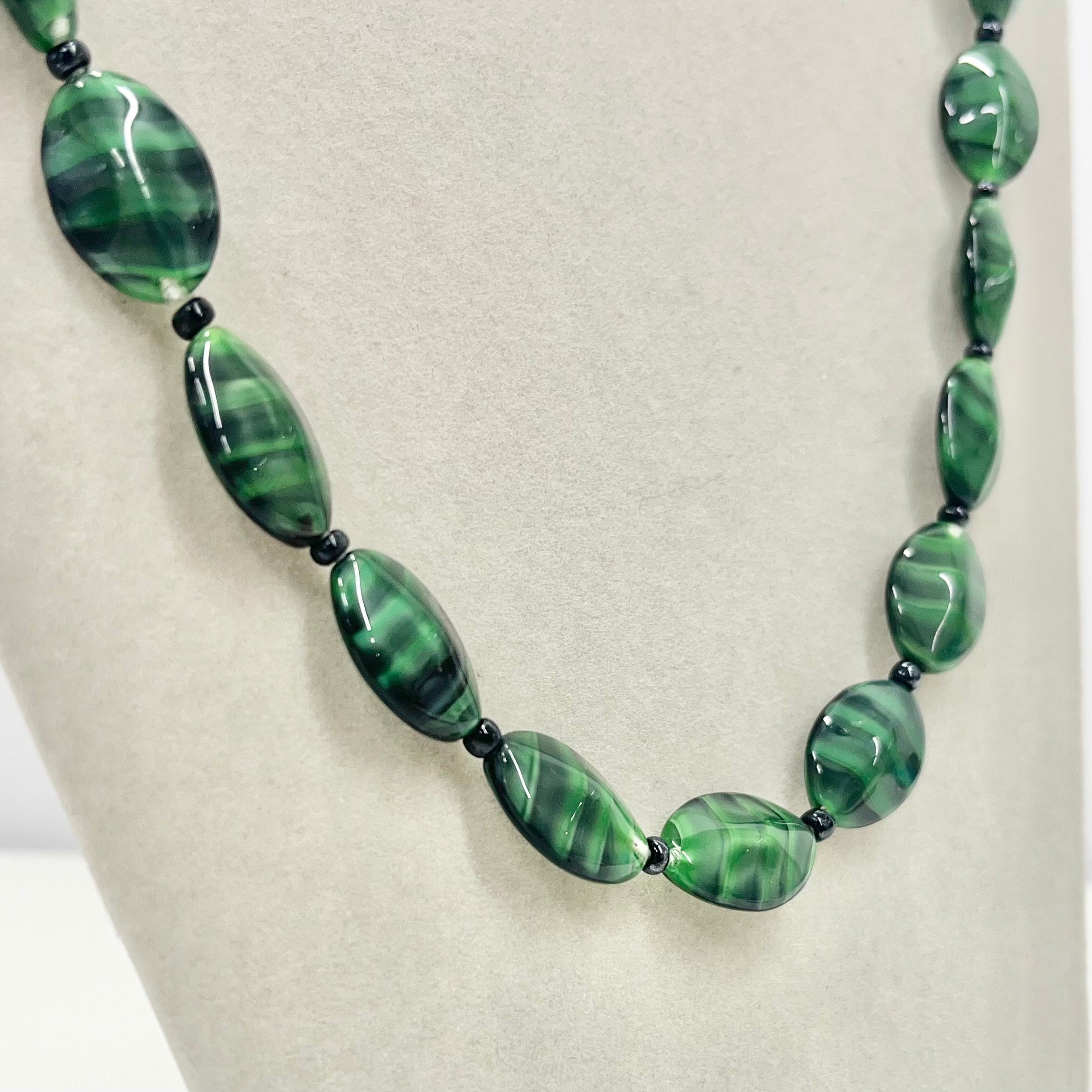 Vintage Green Striated Czech Glass Satin Beaded Necklace Excellent Quality Beads Vintage Jewellery 19.5” Long TheGreenGlassGemShop