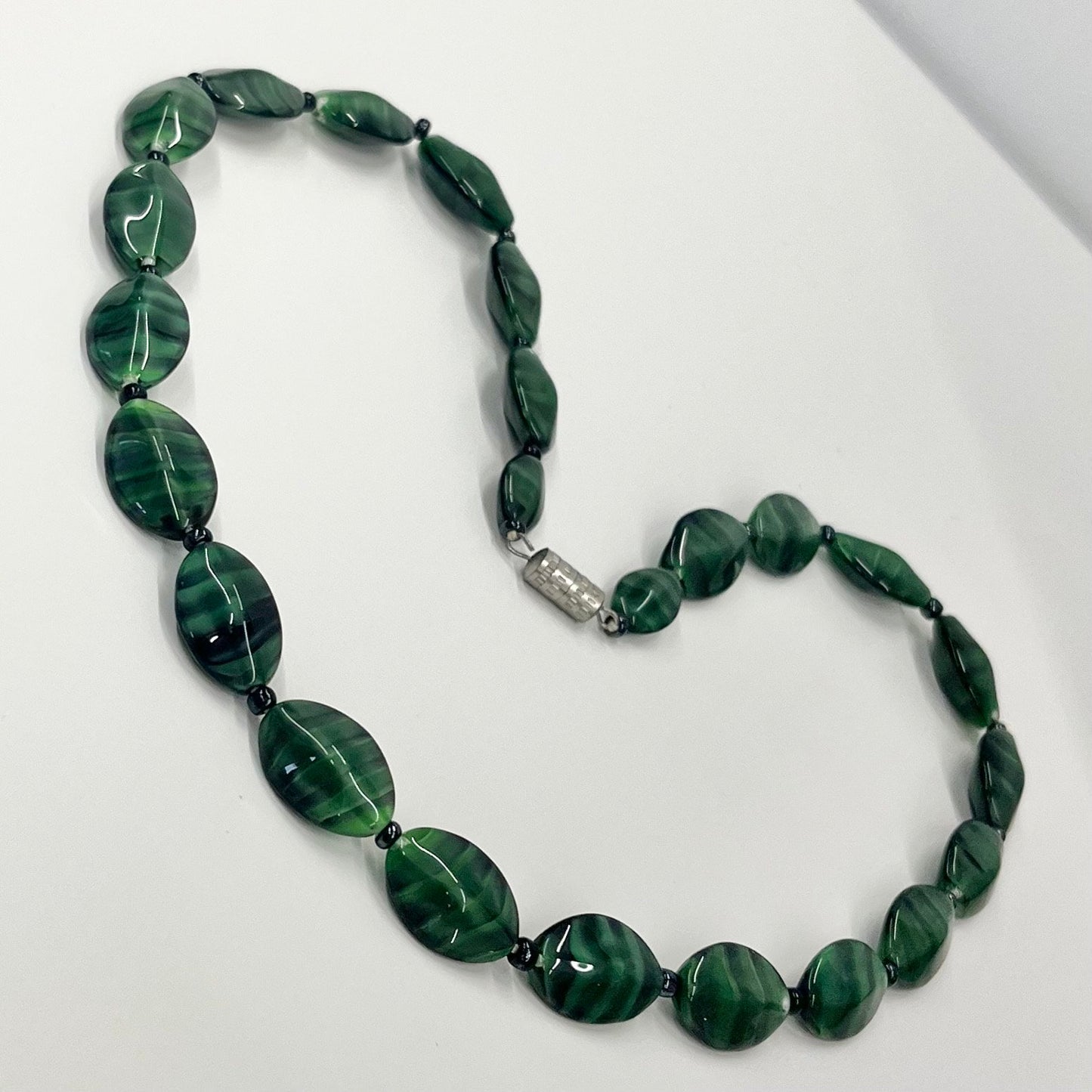 Vintage Green Striated Czech Glass Satin Beaded Necklace Excellent Quality Beads Vintage Jewellery 19.5” Long TheGreenGlassGemShop