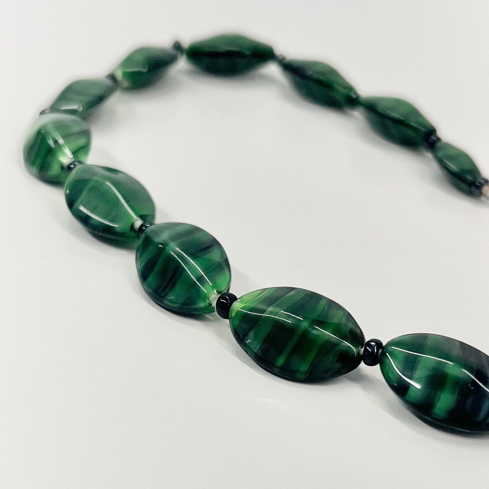 Vintage Green Striated Czech Glass Satin Beaded Necklace Excellent Quality Beads Vintage Jewellery 19.5” Long TheGreenGlassGemShop