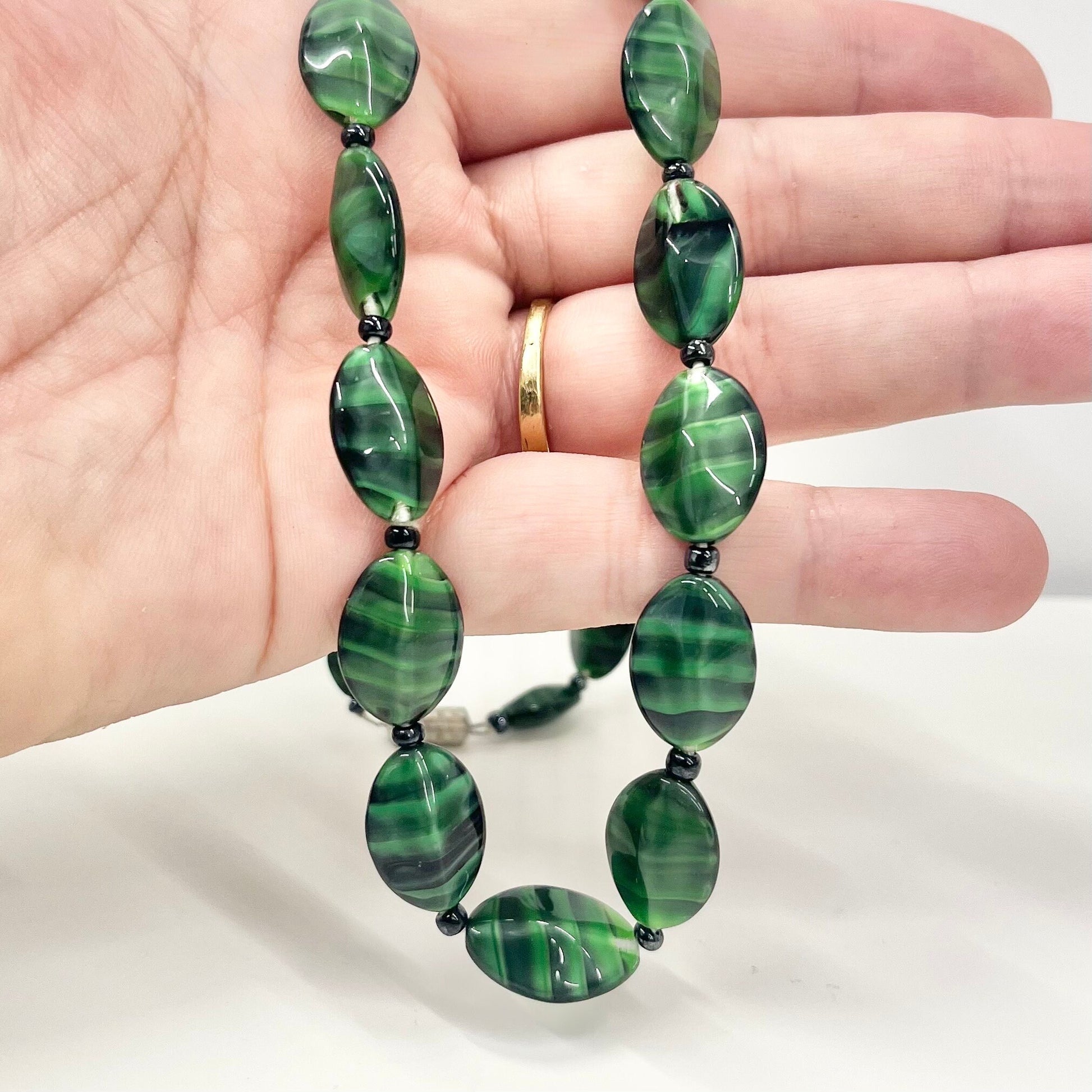 Vintage Green Striated Czech Glass Satin Beaded Necklace Excellent Quality Beads Vintage Jewellery 19.5” Long TheGreenGlassGemShop