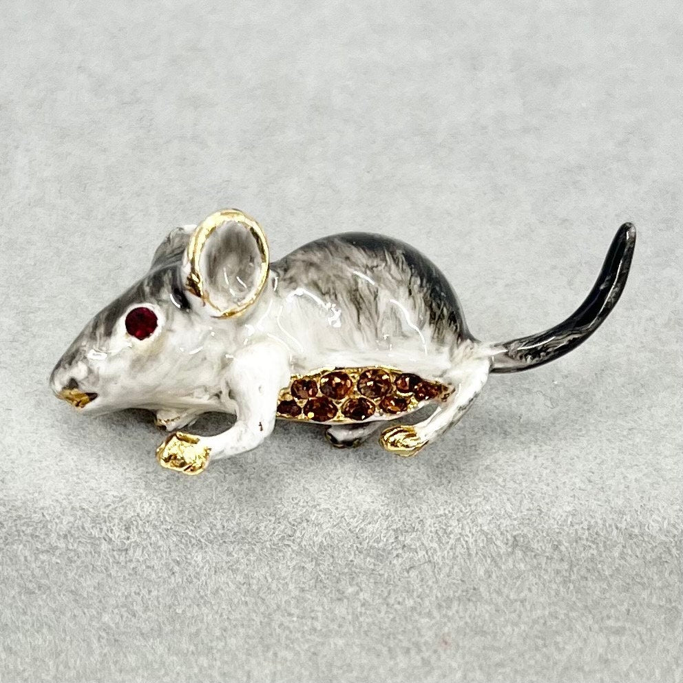 Vintage Gold Tone Enamel Mouse / Rat Brooch Costume Jewellery Piece Very Sweet TheGreenGlassGemShop