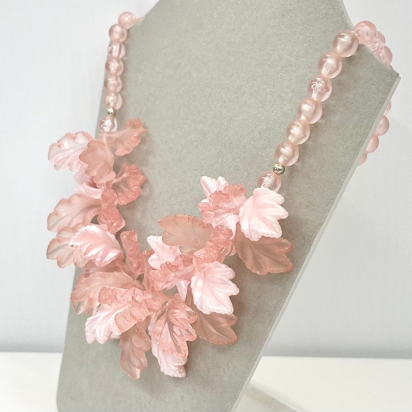 Vintage 1970’s Pink Lucite Plastic Leaf Cluster Necklace Fabulous Statement Leafy Design Necklace TheGreenGlassGemShop