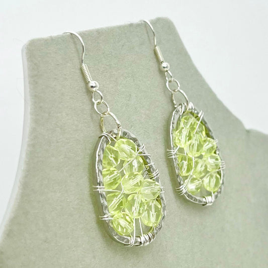 Handmade Yellow Uranium Glass Bead Drop Earrings Wire Wrap Mesh Style UV Reactive Glow with Vintage Czech Firepolished Crystal Beads TheGreenGlassGemShop