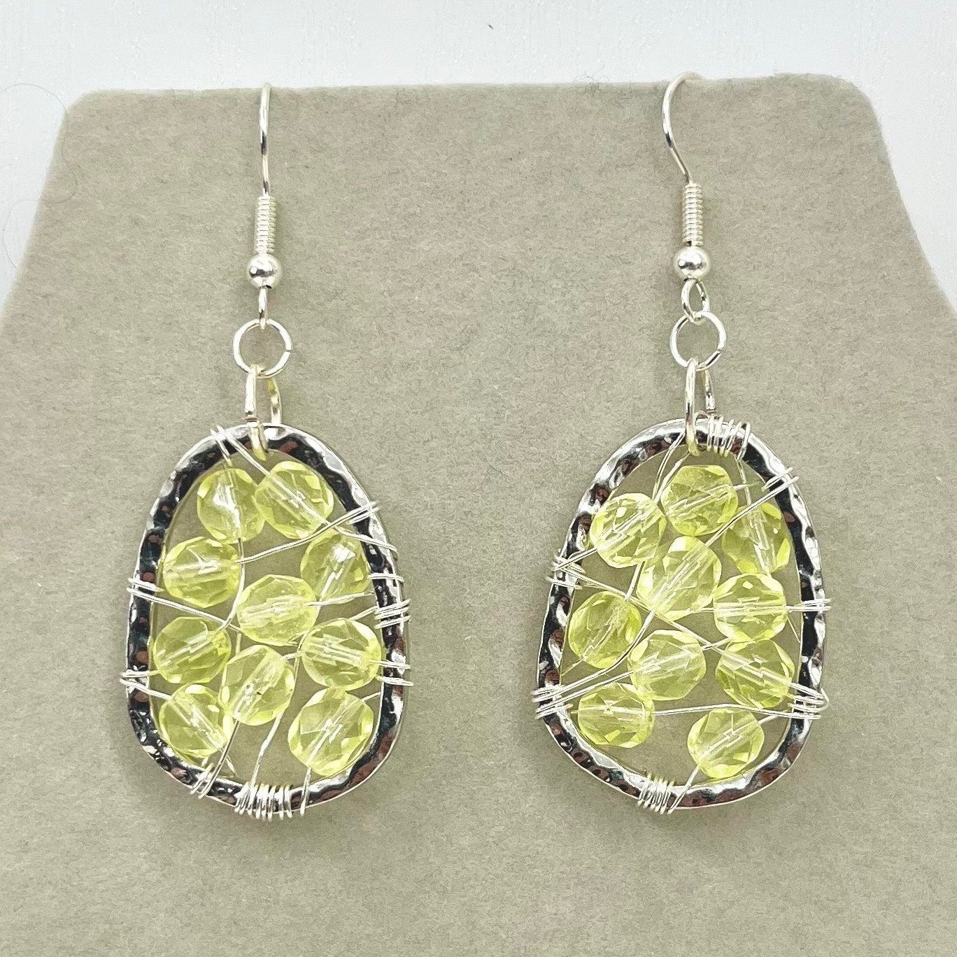 Handmade Yellow Uranium Glass Bead Drop Earrings Wire Wrap Mesh Style UV Reactive Glow with Vintage Czech Firepolished Crystal Beads TheGreenGlassGemShop