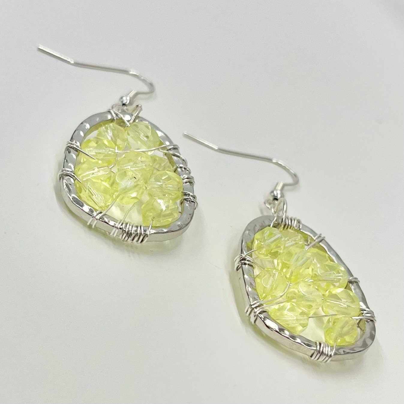 Handmade Yellow Uranium Glass Bead Drop Earrings Wire Wrap Mesh Style UV Reactive Glow with Vintage Czech Firepolished Crystal Beads TheGreenGlassGemShop