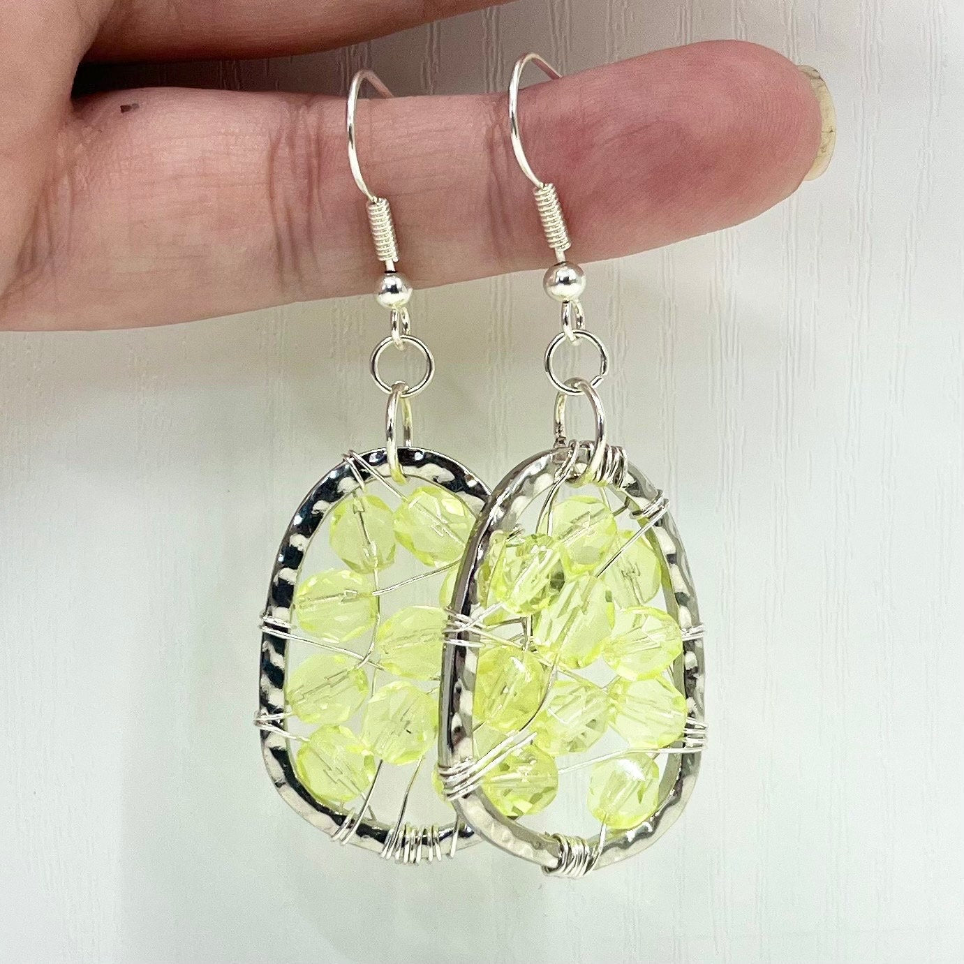 Handmade Yellow Uranium Glass Bead Drop Earrings Wire Wrap Mesh Style UV Reactive Glow with Vintage Czech Firepolished Crystal Beads TheGreenGlassGemShop