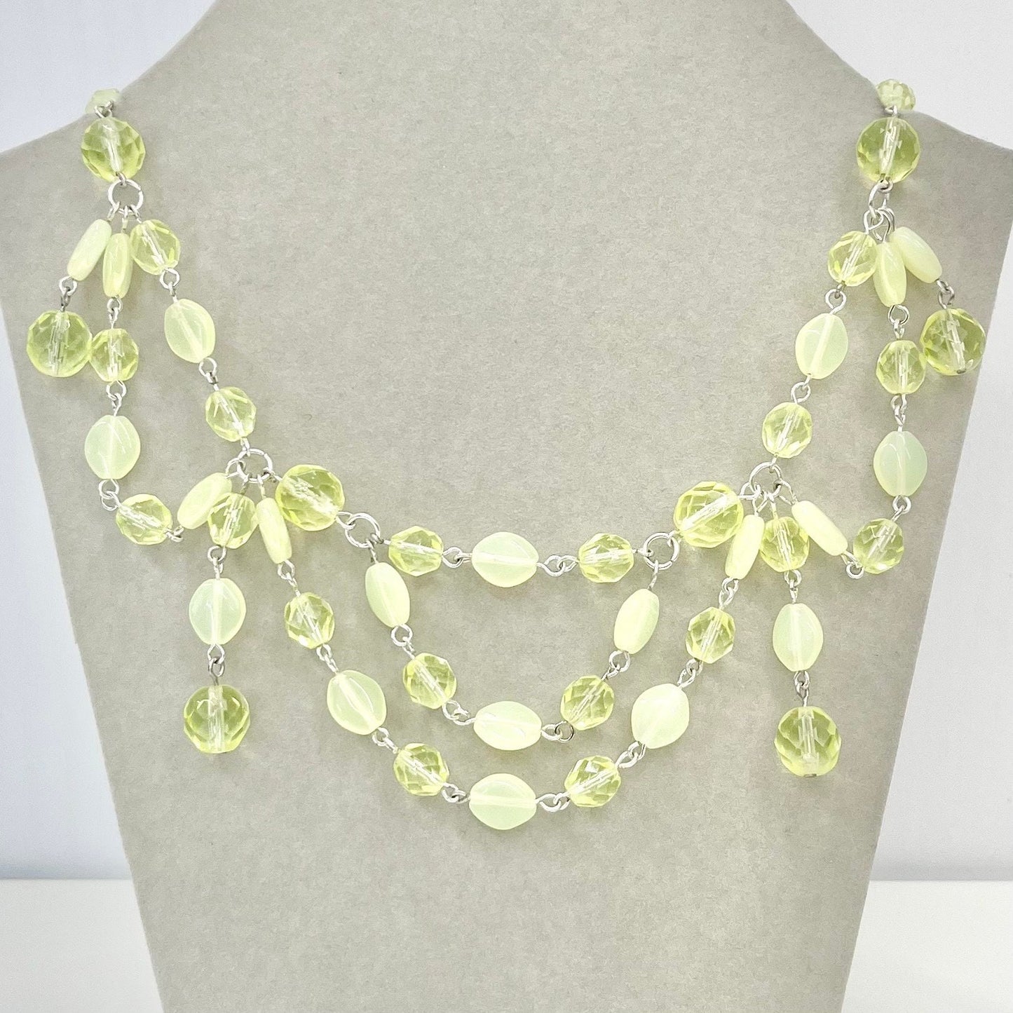 Handmade Yellow Uranium Glass Multi Drop Bead Swag Necklace Bright Green Under UV Light UV Reactive Glow Jewellery Bridgerton Style TheGreenGlassGemShop