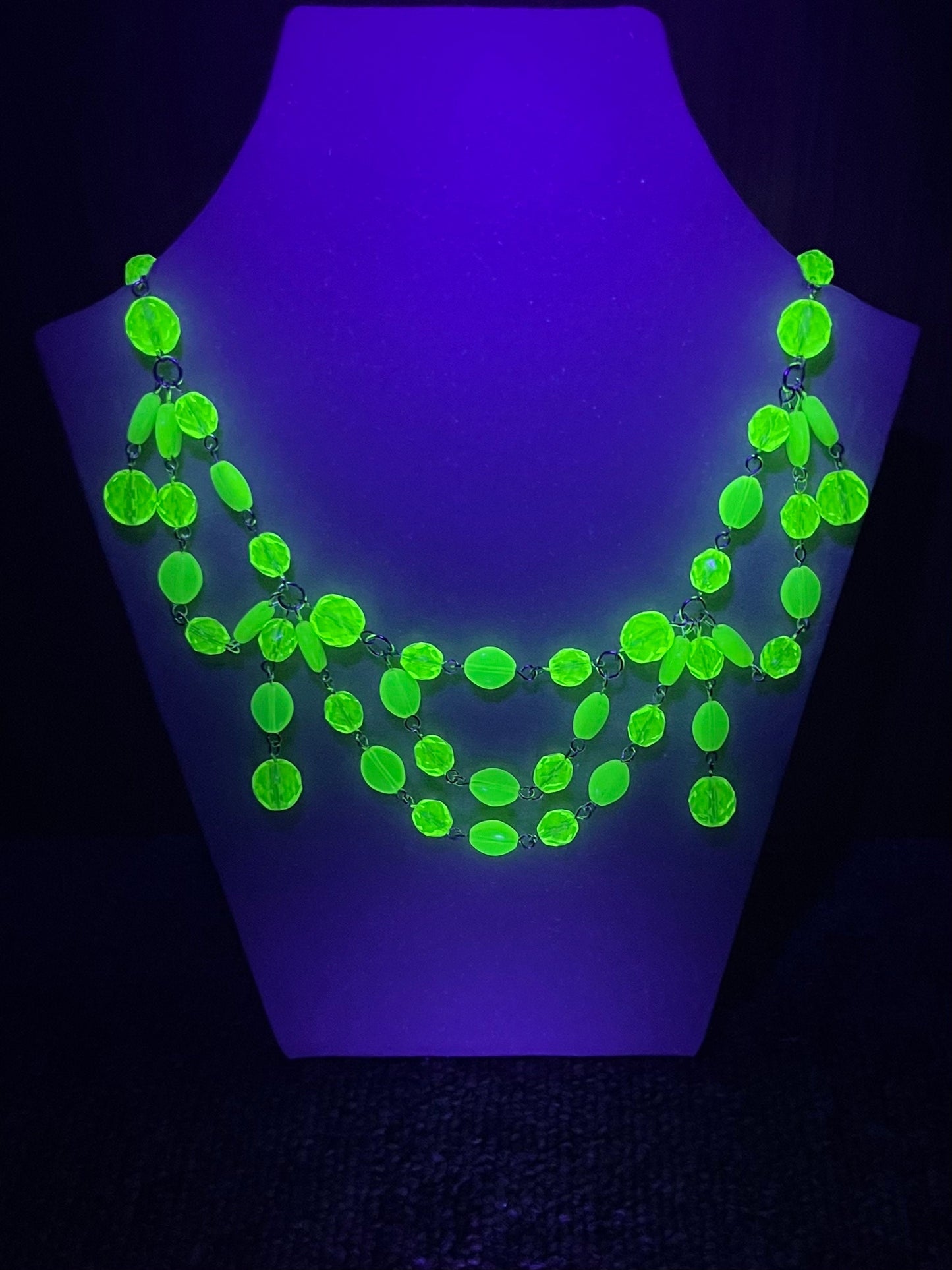 Handmade Yellow Uranium Glass Multi Drop Bead Swag Necklace Bright Green Under UV Light UV Reactive Glow Jewellery Bridgerton Style TheGreenGlassGemShop