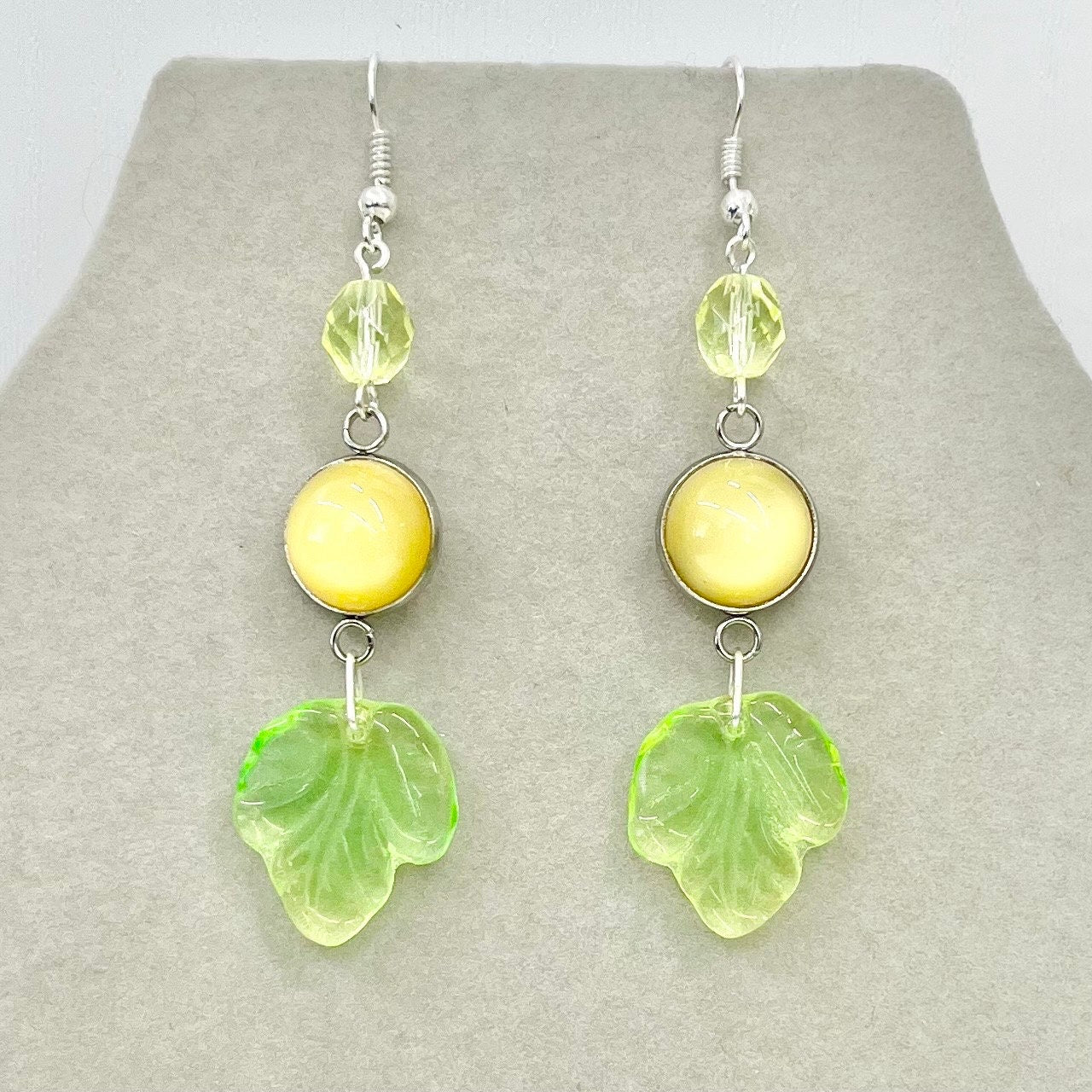 Vintage Yellow Uranium Glass Leaf Drop Czech Cabachon Earrings Silver Plate with UV Reactive Glow TheGreenGlassGemShop